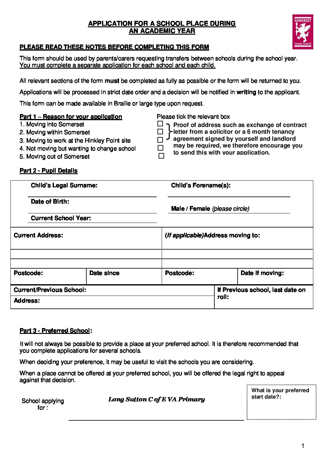 IN YEAR ADMISSION FORM